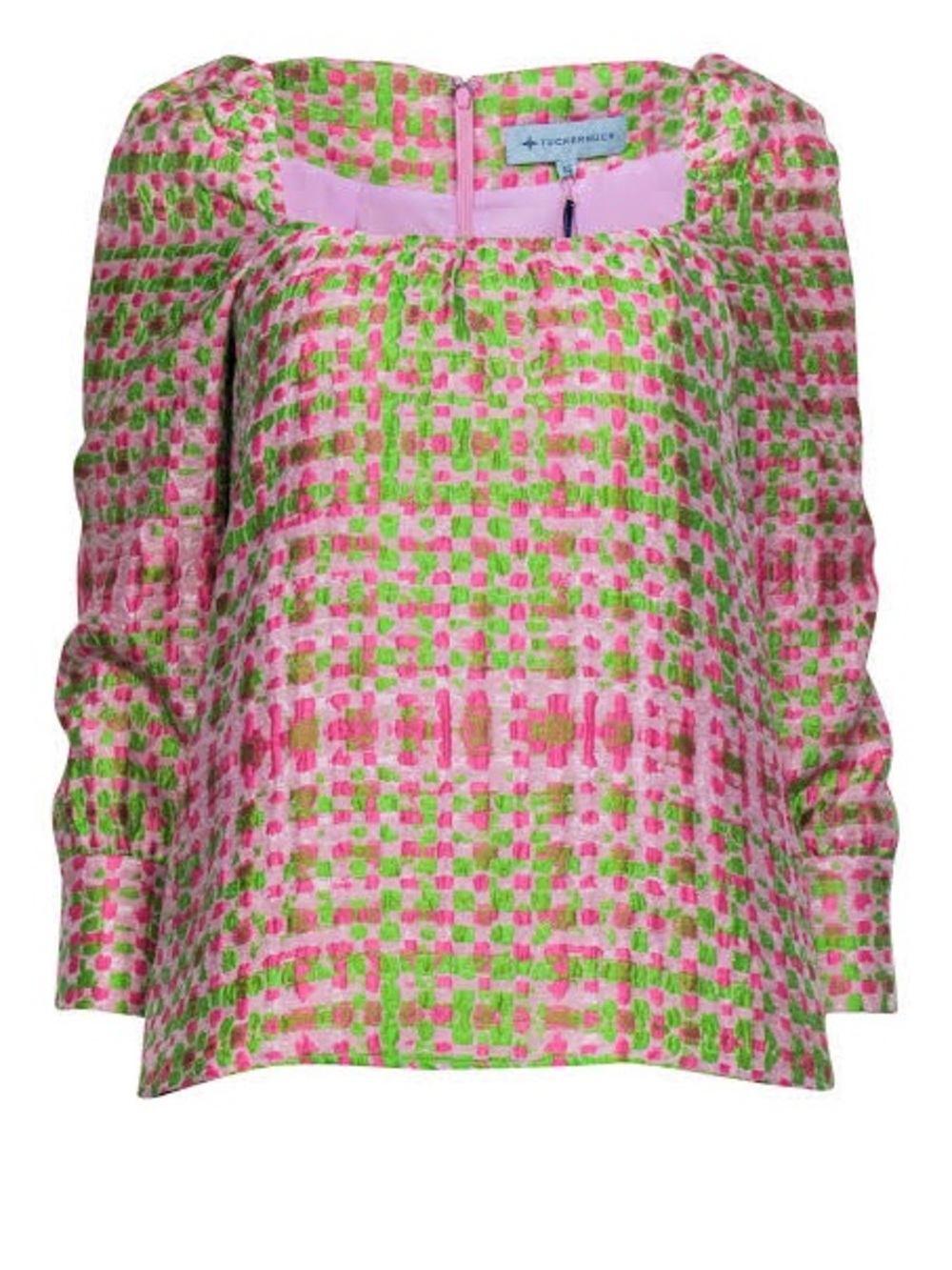 Tuckernuck Pink &‎ Green Jacquard Square Neck Puff Sleeve Blouse - Size M